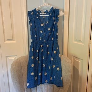 Blue and white floral mini ruffle sleeve dress